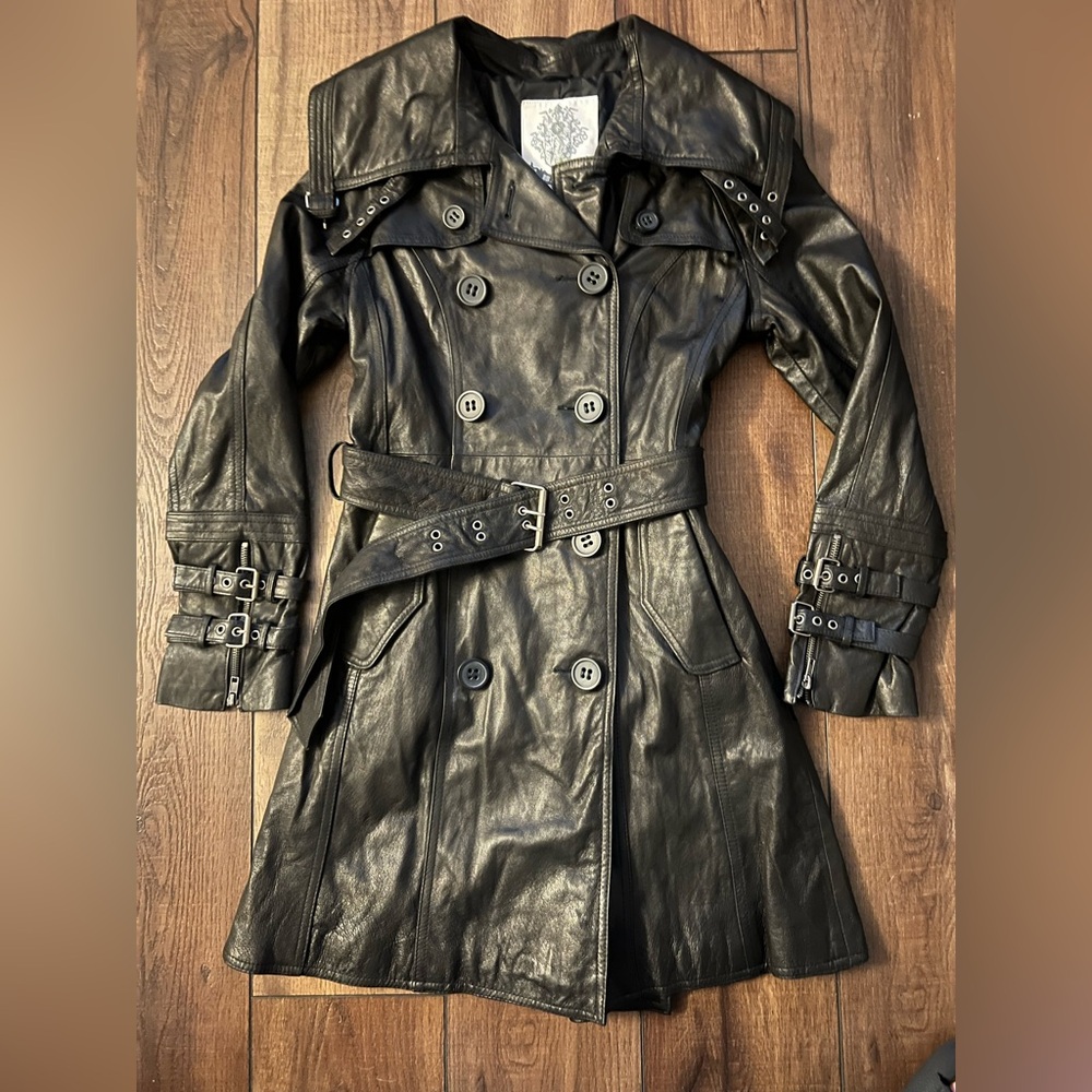 BB Dakota Vintage Black Leather Trench Coat